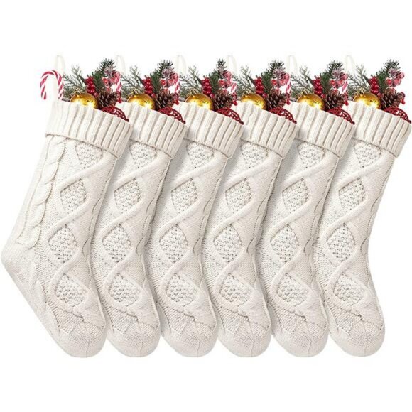 6 Pack 18 Inches Large Size Cable Knitted Stocking, Ivory White - Picture 1 of 6